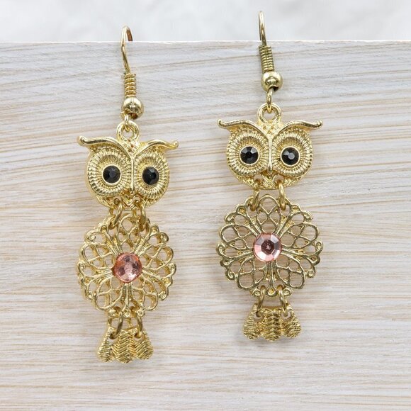Gold Owl Drop Earrings - Picture 4 of 4